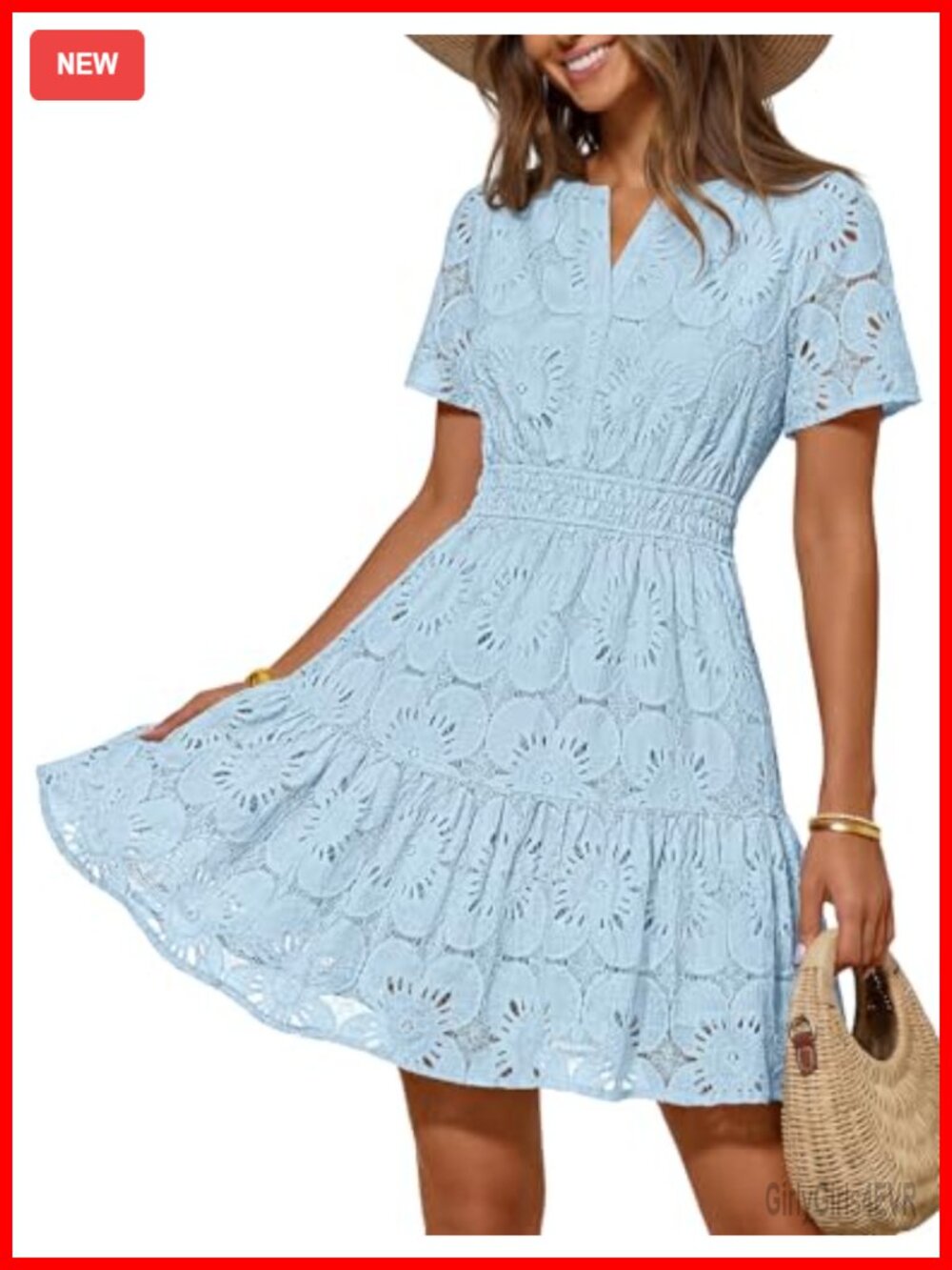 Eyelet Lace Mini Dress Puff Sleeve V-Neck A-Line Summer Vacation